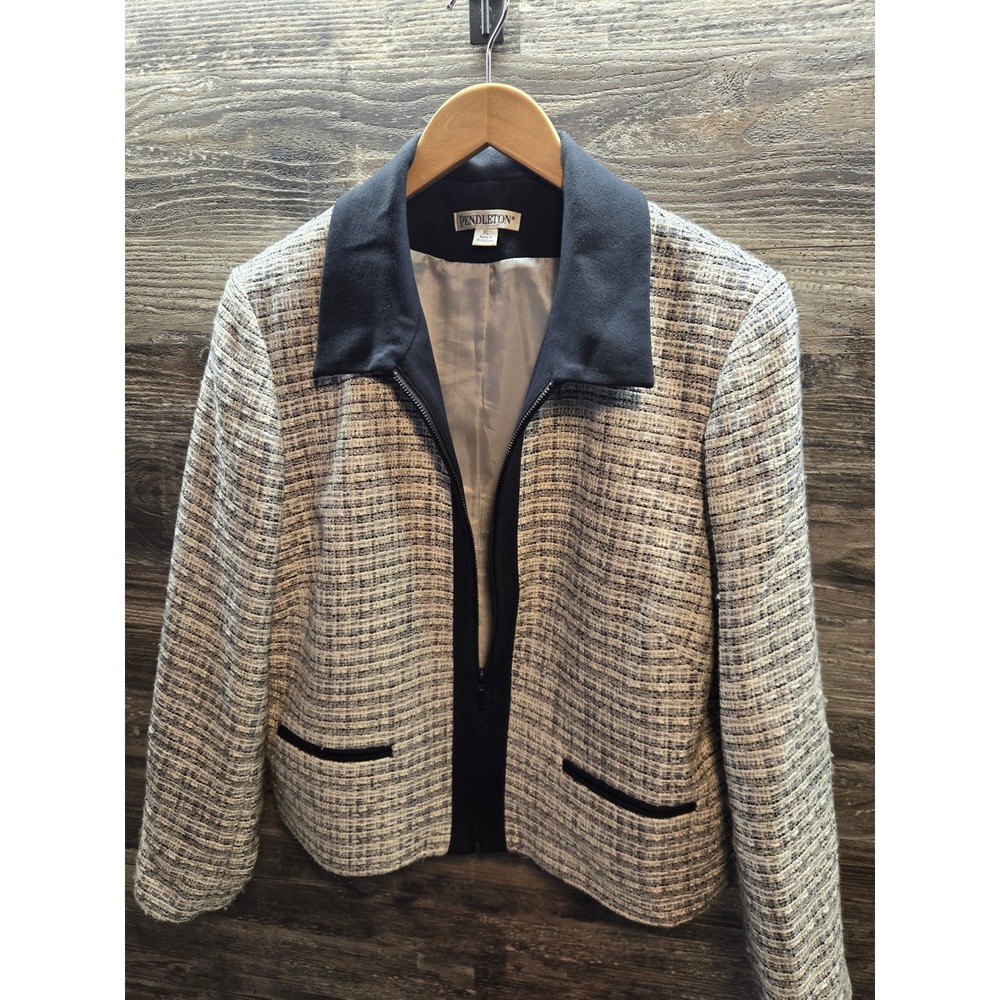 Pendleton Womens Tweed Full Zip Jacket Grey Black White Textured Blazer XL
